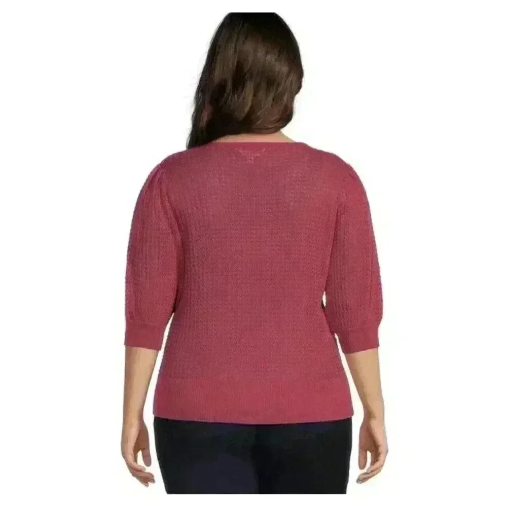 Terra Sky 3x Pink Knit Textured Sweater With Puff Sleeves Plus Size Tops - Picture 2 of 10